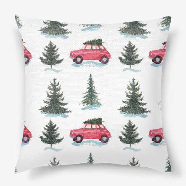 Подушка «Зимний лес, новогодний акварельный паттерн с красной машиной и елками на белом фоне »