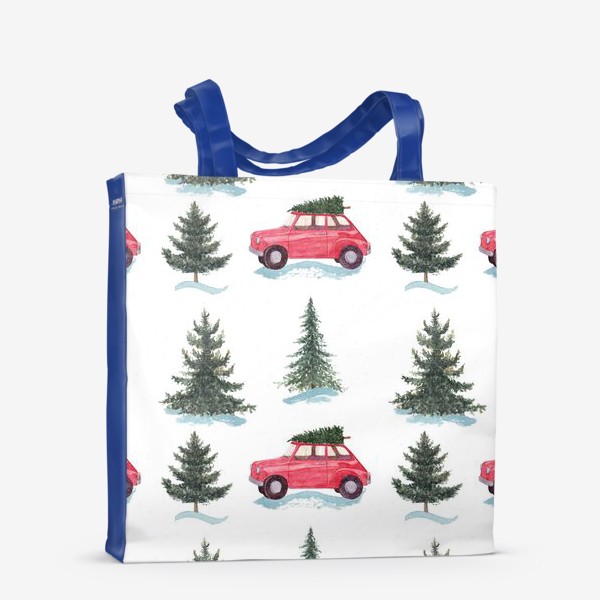 Сумка-шоппер «Зимний лес, новогодний акварельный паттерн с красной машиной и елками на белом фоне »