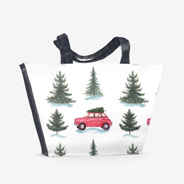 Пляжная сумка «Зимний лес, новогодний акварельный паттерн с красной машиной и елками на белом фоне »