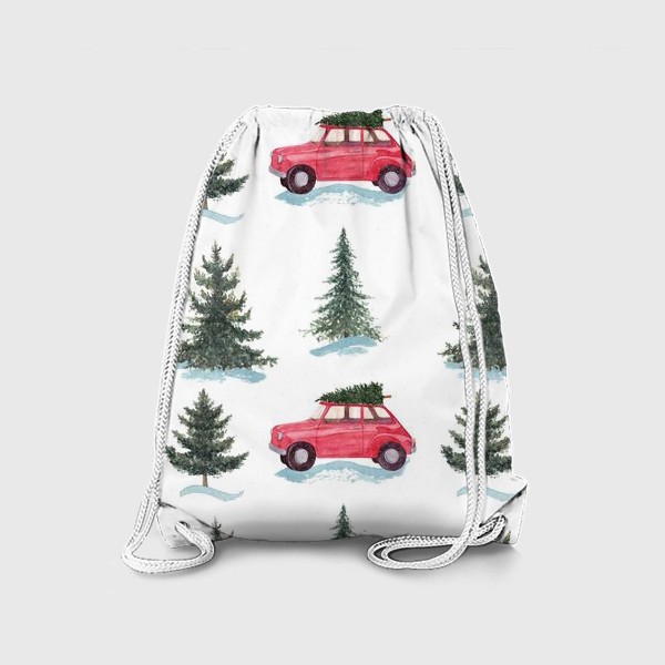 Рюкзак «Зимний лес, новогодний акварельный паттерн с красной машиной и елками на белом фоне »