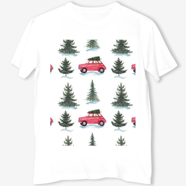 Футболка «Зимний лес, новогодний акварельный паттерн с красной машиной и елками на белом фоне »