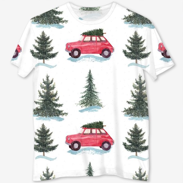 Футболка с полной запечаткой «Зимний лес, новогодний акварельный паттерн с красной машиной и елками на белом фоне »