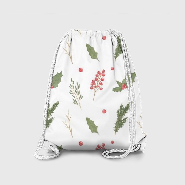 Рюкзак «Зимние растения, новогодний и рождественский акварельный паттерн на белом фоне.»
