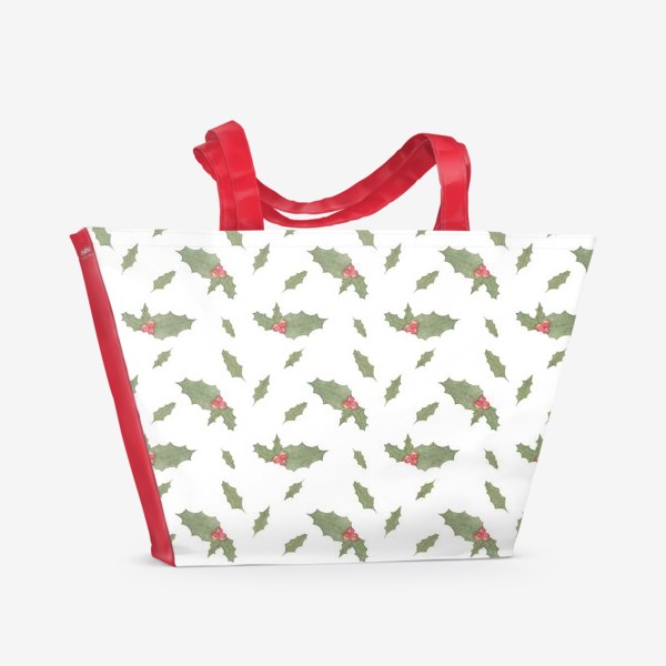 Пляжная сумка &laquo;Остролист, символ рождества и нового года, зимний акварельный паттерн с растениями на белом фоне&raquo;