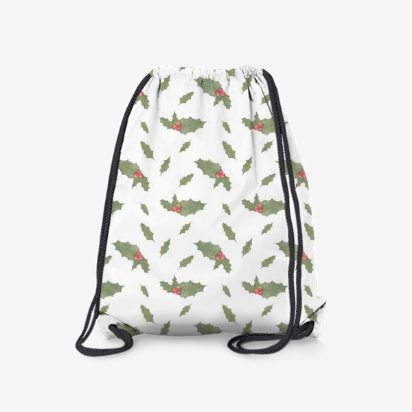 Рюкзак «Остролист, символ рождества и нового года, зимний акварельный паттерн с растениями на белом фоне»