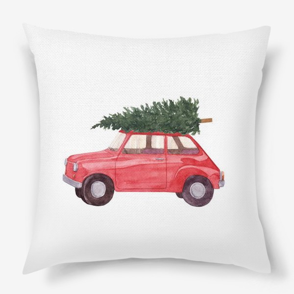 Подушка «Красная машина с новогодней елкой на крыше. Рождественский акварельный принт на белом фоне»
