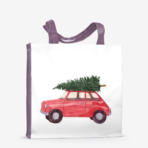 Сумка-шоппер &laquo;Красная машина с новогодней елкой на крыше. Рождественский акварельный принт на белом фоне&raquo;
