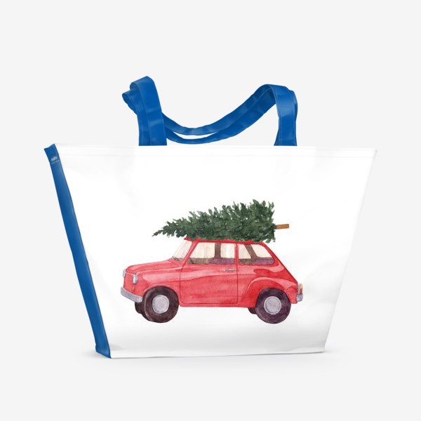 Пляжная сумка «Красная машина с новогодней елкой на крыше. Рождественский акварельный принт на белом фоне»