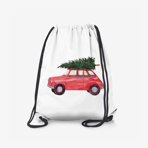 Рюкзак «Красная машина с новогодней елкой на крыше. Рождественский акварельный принт на белом фоне»