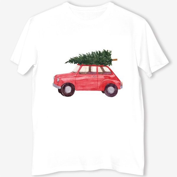 Футболка «Красная машина с новогодней елкой на крыше. Рождественский акварельный принт на белом фоне»