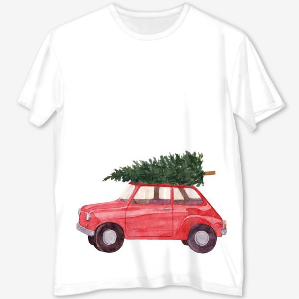 Футболка с полной запечаткой &laquo;Красная машина с новогодней елкой на крыше. Рождественский акварельный принт на белом фоне&raquo;
