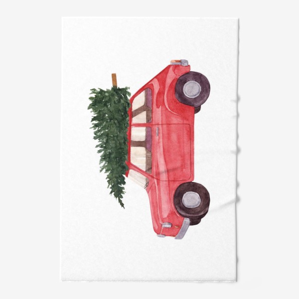 Полотенце «Красная машина с новогодней елкой на крыше. Рождественский акварельный принт на белом фоне»