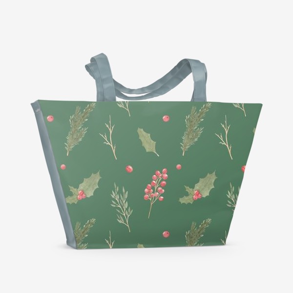 Пляжная сумка «Зимние рождественские растения, новогодний акварельный паттерн на зеленом фоне.»