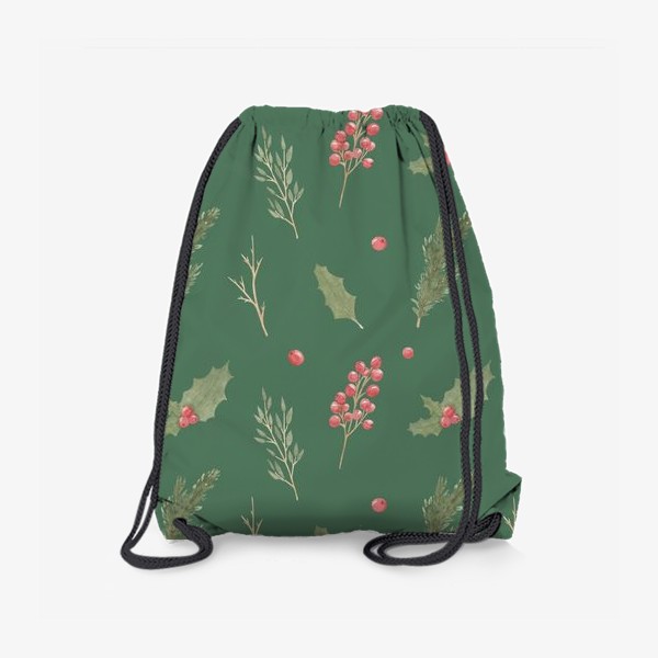 Рюкзак «Зимние рождественские растения, новогодний акварельный паттерн на зеленом фоне.»