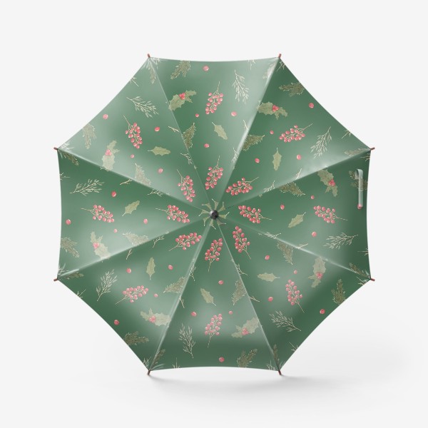 Зонт «Зимние рождественские растения, новогодний акварельный паттерн на зеленом фоне.»