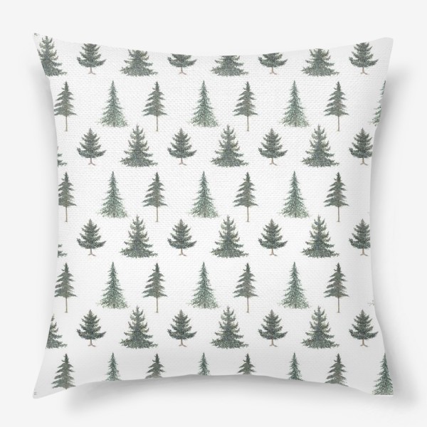 Подушка «Хвойный зимний лес с елями и соснами. Акварельный рождественский паттерн с новогодними растениями на белом фоне»