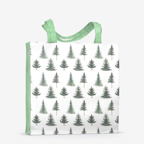 Сумка-шоппер «Хвойный зимний лес с елями и соснами. Акварельный рождественский паттерн с новогодними растениями на белом фоне»