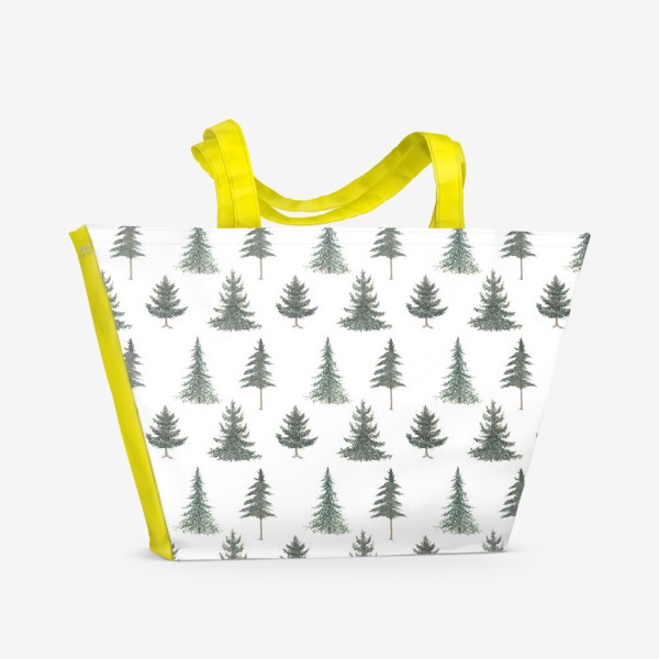Пляжная сумка «Хвойный зимний лес с елями и соснами. Акварельный рождественский паттерн с новогодними растениями на белом фоне»