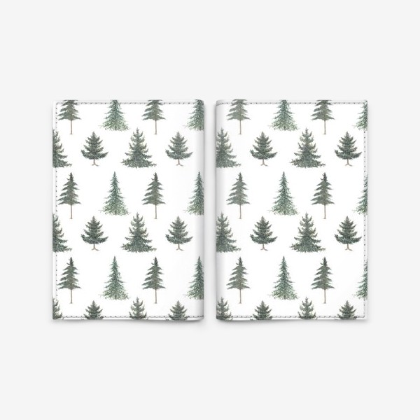 Обложка для паспорта «Хвойный зимний лес с елями и соснами. Акварельный рождественский паттерн с новогодними растениями на белом фоне»