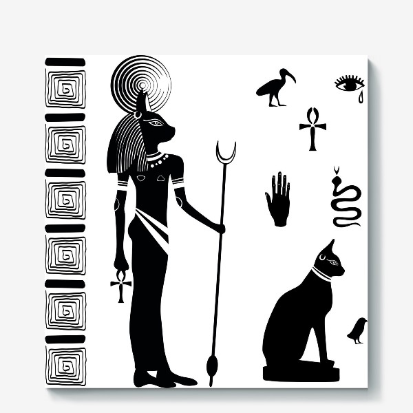 Холст &laquo;Древнеегипетская богигня Бастет с кошачьей головой и древнеегипетские символы&raquo;
