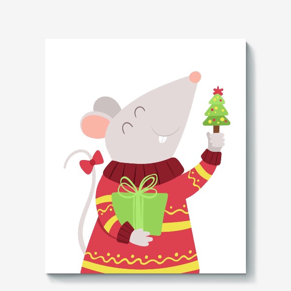 Холст &laquo;Мышь с новогодним подарком. Милый мультяшный персонаж с крошечной елью. Мечтательная мышка в вязаном свитере и бантом на хвосте. &raquo;