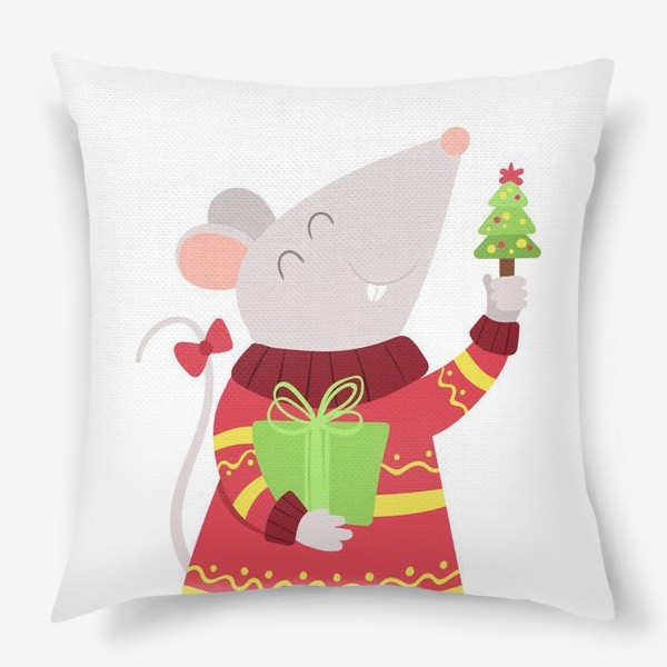 Подушка &laquo;Мышь с новогодним подарком. Милый мультяшный персонаж с крошечной елью. Мечтательная мышка в вязаном свитере и бантом на хвосте. &raquo;