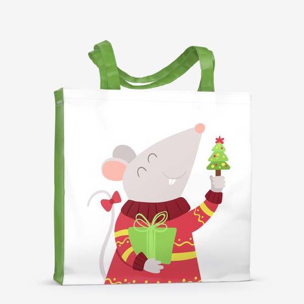 Сумка-шоппер &laquo;Мышь с новогодним подарком. Милый мультяшный персонаж с крошечной елью. Мечтательная мышка в вязаном свитере и бантом на хвосте. &raquo;