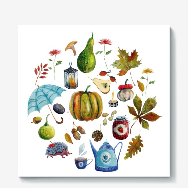 Холст «Осенние предметы. Зонтик, листья, тыквы, чайник, варенье...»