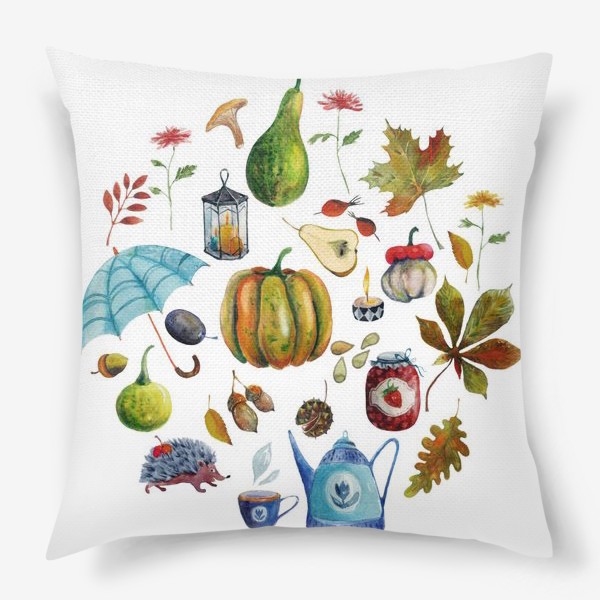 Подушка «Осенние предметы. Зонтик, листья, тыквы, чайник, варенье...»