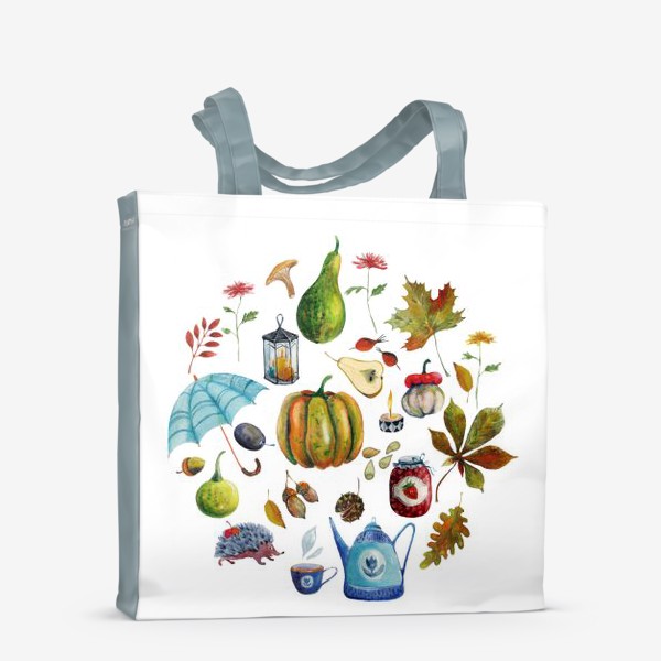 Сумка-шоппер «Осенние предметы. Зонтик, листья, тыквы, чайник, варенье...»