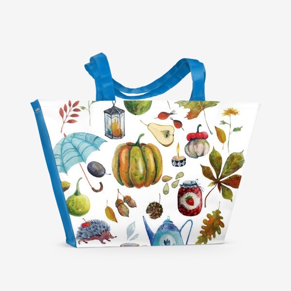 Пляжная сумка «Осенние предметы. Зонтик, листья, тыквы, чайник, варенье...»