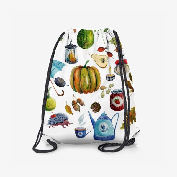 Рюкзак «Осенние предметы. Зонтик, листья, тыквы, чайник, варенье...»