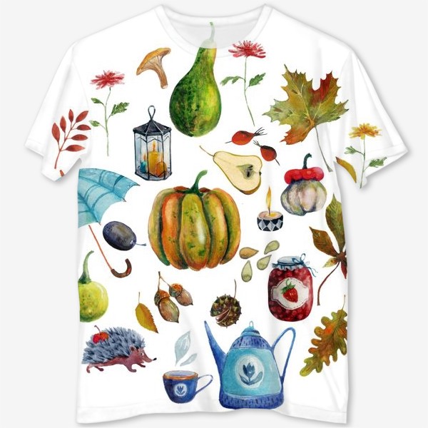 Футболка с полной запечаткой «Осенние предметы. Зонтик, листья, тыквы, чайник, варенье...»