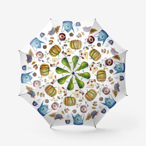 Зонт «Осенние предметы. Зонтик, листья, тыквы, чайник, варенье...»