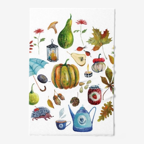 Полотенце «Осенние предметы. Зонтик, листья, тыквы, чайник, варенье...»