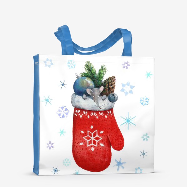 Сумка-шоппер «Новогодний мышонок, выглядывающий из варежки с еловой веткой, шишкой, игрушкой и бубенчиком.»