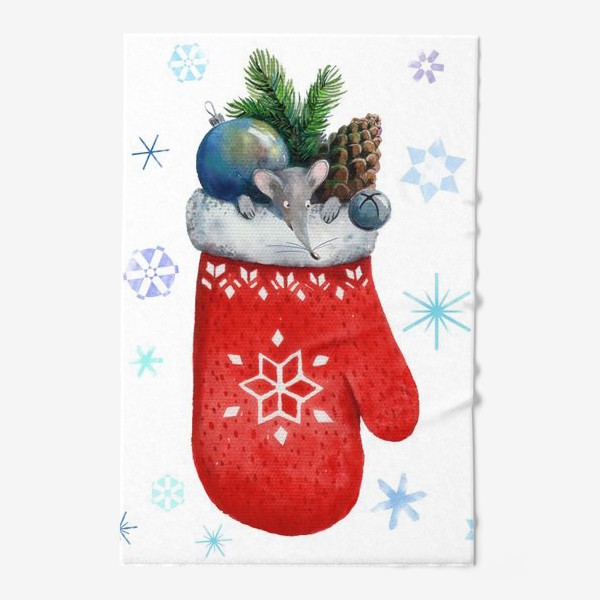 Полотенце &laquo;Новогодний мышонок, выглядывающий из варежки с еловой веткой, шишкой, игрушкой и бубенчиком.&raquo;