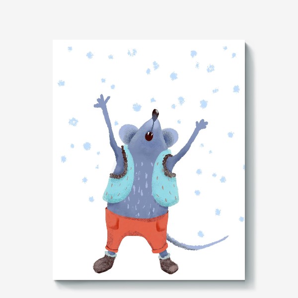 Холст «Мышонок радуется снегу»