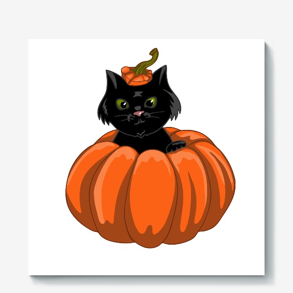 Холст «Черный кот в тыкве. Хэллоуин.»