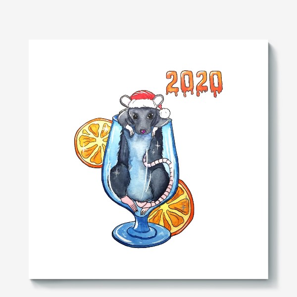 Холст «новогодняя мышь \ крыса в стакане»