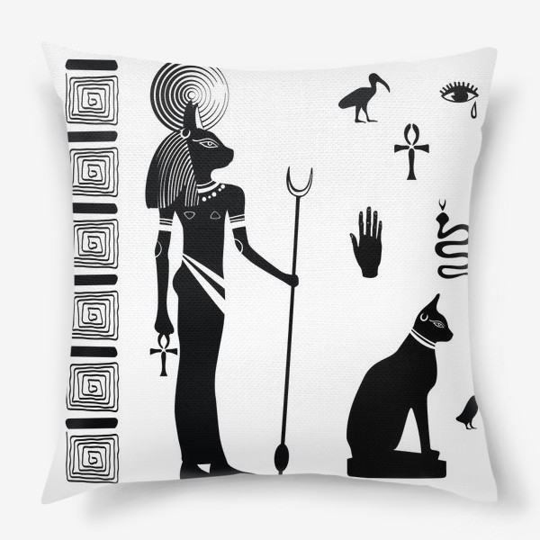 Подушка &laquo;Древнеегипетская богигня Бастет с кошачьей головой и древнеегипетские символы&raquo;