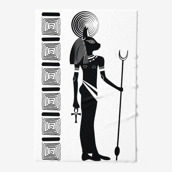 Полотенце «Древнеегипетская богигня Бастет с кошачьей головой и древнеегипетские символы»