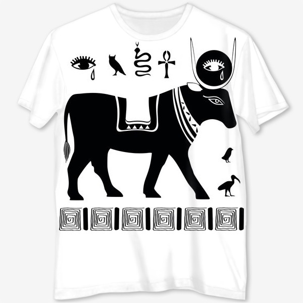 Футболка с полной запечаткой &laquo;Древнеегипетский бог Апис в виде священного быка и древнеегипетские символы&raquo;