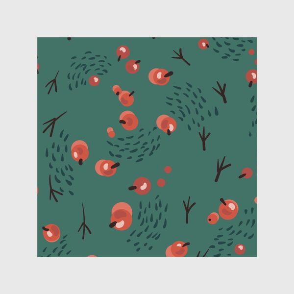 Шторы «Красные ягоды и птичьи следы на темно-бирюзовом фоне. Новогодняя тема.»
