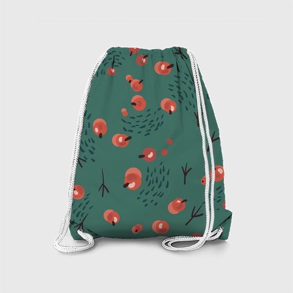 Рюкзак «Красные ягоды и птичьи следы на темно-бирюзовом фоне. Новогодняя тема.»