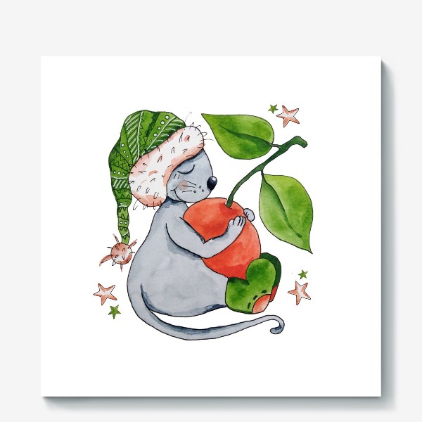 Холст «К Новому году мыши! Мышонок и мандарин.»