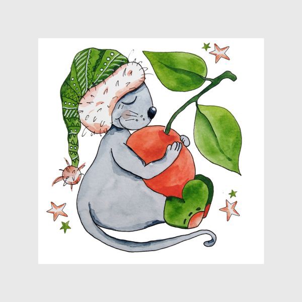 Шторы «К Новому году мыши! Мышонок и мандарин.»