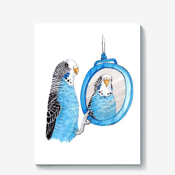 Холст «Волнистый попугайчик с зеркалом»