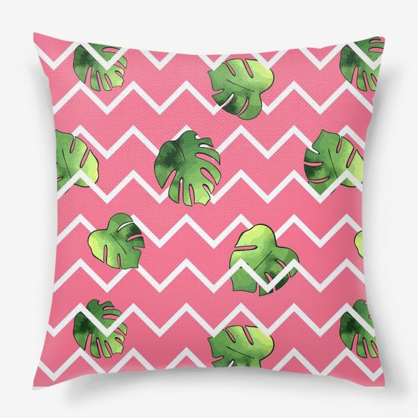 Подушка «Яркий розовый паттерн с тропическими листьями»