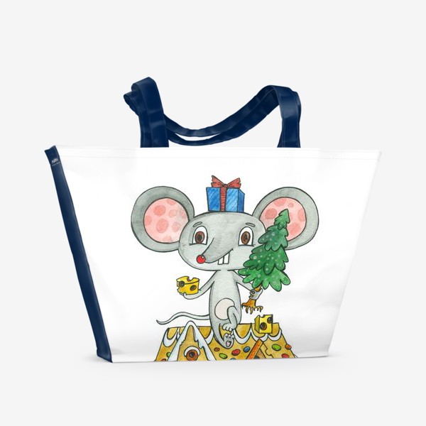 Пляжная сумка «Мышь с елкой  и пряничный домик»
